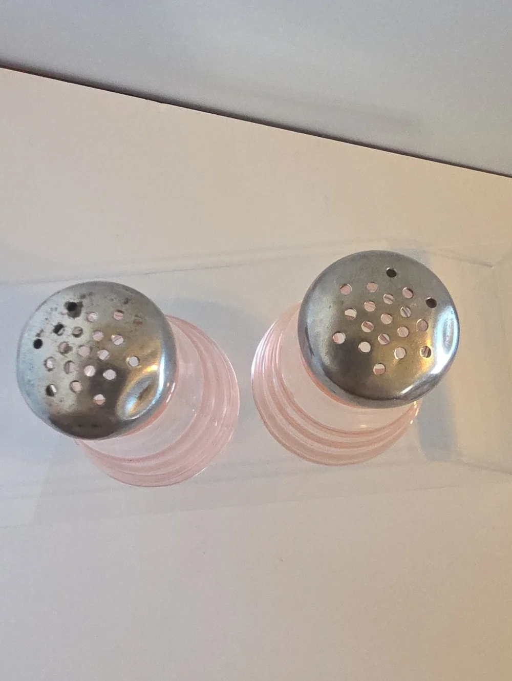 Vintage 1930 Pink Depression Glass Ribbed Salt & Pepper Shakers With Metal Lids
